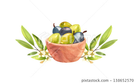 Ripe green and dark olives in a wooden bowl with sprigs, watercolor illustration, isolated. Hand drawn Mediterranean plants in a simple rustic style for a food festival decor. 138652570