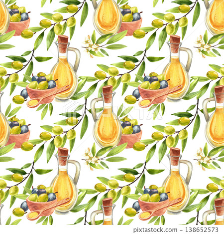 Olive oil in glass jug with green twig, fruits and wooden bowl watercolor seamless pattern. Mediterranean food and plants, hand drawn in a simple rustic style for a food festival. Olive oil in glass jug with green twig, fruits and wooden bowl watercolor seamless pattern. Mediterranean food and plants, hand drawn in a simple rustic style for a food festival. 138652573