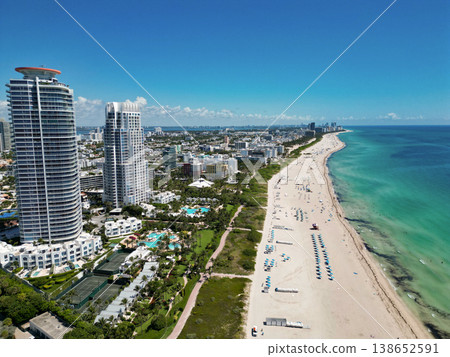 Coastline of Miami. Miami south beach aerial view. Sea beach seashore and coastline. Summer vacation in Miami, Florida. Sea vacation on beach. Aerial sea relax zone view. Beach vacation 138652591