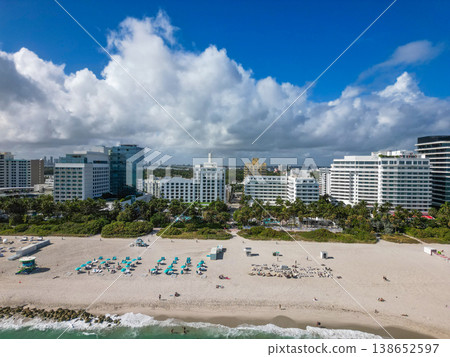 Miami Beach skyline aerial view. Miami city from drone. Tropical Miami scene. Miami district sky view. Famous oceanfront. Panoramic coastline. South beach panorama view. Aerial coastline. 138652597