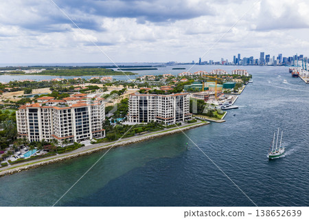 Aerial night view of Miami coastline. Twilight skyline above the Miami oceanfront. Miami Beach waterfront glowing after sunset. South Point lifeguard tower at dusk. Famous Miami Beach from above. Aerial night view of Miami coastline. Twilight skyline above the Miami oceanfront. Miami Beach waterfront glowing after sunset. South Point lifeguard tower at dusk. Famous Miami Beach from above. 138652639