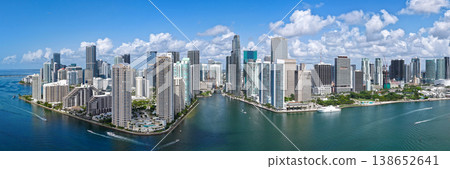 Panorama of Brickell in Miami. Brickell skyline on a sunny day. Panorama view of Brickell. Brickell famous panorama. Miami downtown landscape. 138652641