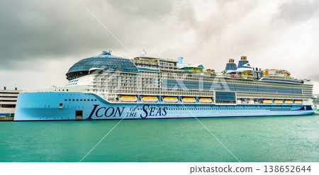 Miami, Florida, USA - December 14, 2024: Ship leaving port of Miami. Icon of the Seas cruise ship voyage. Cruise in summer vacation. Royal Caribbean International cruise line. Cruise ship tour 138652644
