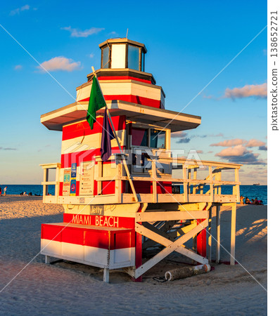 Lifeguard over Miami beach. Panoramic seascape of famous coastline. Summer in Miami Beach. Lifeguard over Miami beach. Panoramic seascape of famous coastline. Summer in Miami Beach. 138652721