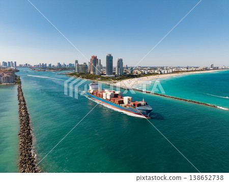 Freight container loaded on cargo vessel. Aerial view cargo ship leaving harbor. Cargo business. Container ship. Shipping logistics. Commercial shipping. Cargo ship in sea, aerial view 138652738