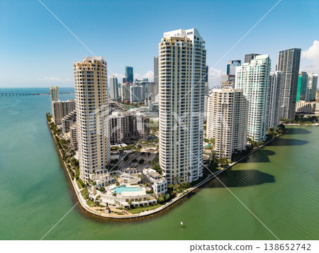 Aerial view of Brickell skyline in downtown Miami. Scenic panorama of Brickell financial district. Aerial view of Brickell skyline in downtown Miami. Scenic panorama of Brickell financial district. 138652742