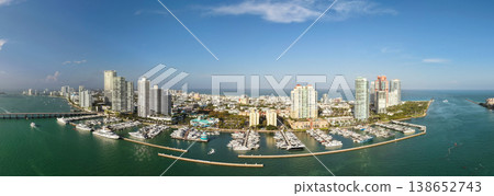 Panorama of Miami Beach with turquoise waters. Drone shot of Miami skyline. Panoramic of Miami famous coastline. Panorama of Miami Beach with turquoise waters. Drone shot of Miami skyline. Panoramic of Miami famous coastline. 138652743