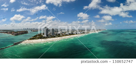 Panorama of Miami Beach skyline. Drone shot of Miami Beach cityscape. Top view of South Miami Beach and the ocean. Miami Beach skyline with skyscrapers and coastline from above. Panorama of Miami Beach skyline. Drone shot of Miami Beach cityscape. Top view of South Miami Beach and the ocean. Miami Beach skyline with skyscrapers and coastline from above. 138652747