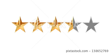 3D vector row of rating stars. Shiny objects with reflections, made of gold 138652769