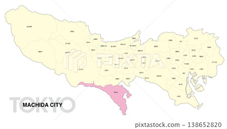 [日本地圖] 東京町田市位置圖，標示城市/區名稱。 138652820
