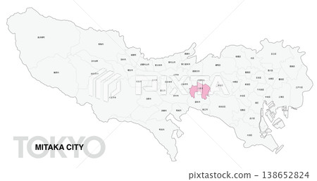 [日本地圖] 東京都三鷹市地點地圖，標示城市/區名稱。 138652824