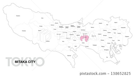 [Map of Japan] Location map of Mitaka City, Tokyo, with city/ward names (English) 138652825