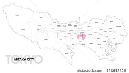 [日本地圖] 東京都三鷹市地點地圖，標示城市/區名稱。 138652826