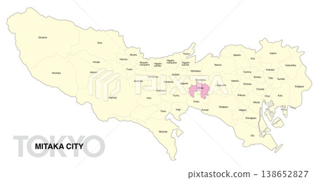 [Map of Japan] Location map of Mitaka City, Tokyo, with city/ward names (English) 138652827