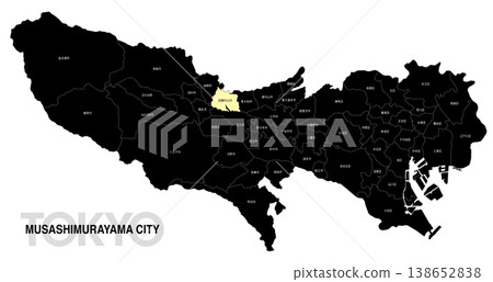 [日本地圖] 東京武藏村山市位置圖，標示城市/區名稱。 138652838