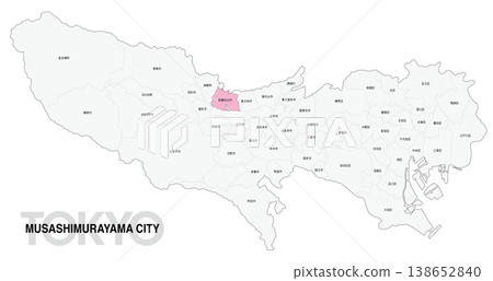 [日本地圖] 東京武藏村山市位置圖，標示城市/區名稱。 138652840