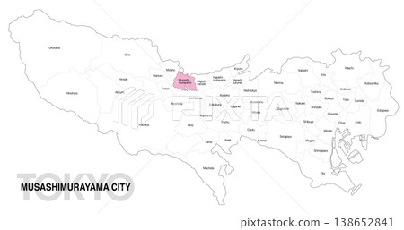 [日本地圖] 東京武藏村山市位置圖，標示城市/區名（英文） 138652841