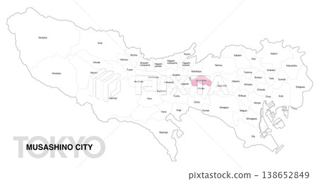 [Map of Japan] Location map of Musashino City, Tokyo, with city/ward names (English) 138652849