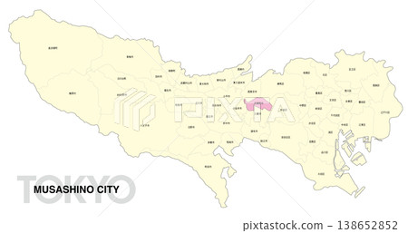 [Map of Japan] Location map of Musashino City, Tokyo, with city/ward names. 138652852