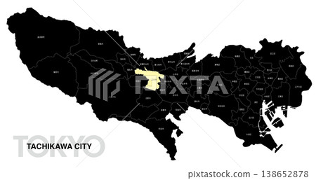 [日本地圖] 東京立川市地點地圖，標示城市/區名稱。 138652878