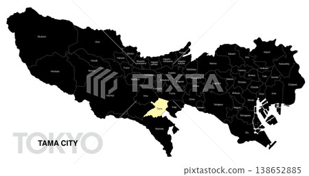 [Map of Japan] Location map of Tama City, Tokyo, with city/ward names (English) 138652885