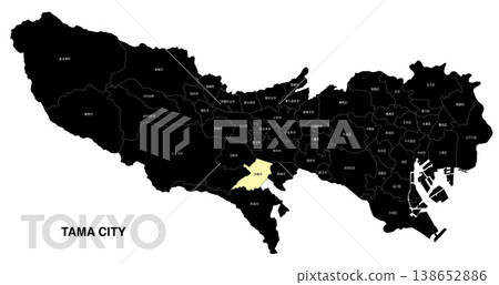 [Map of Japan] Location map of Tama City, Tokyo, with city/ward names. 138652886