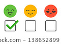 Customer feedback rating system with happy neutral sad emoji faces and checkbox selection colorful satisfaction scale user experience review concept for app interface survey quality evaluation 138652899