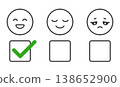 Customer feedback rating interface with outline emoji faces happy neutral sad and checkbox selection simple line style satisfaction scale user experience review survey concept vector illustration 138652900