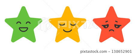 Customer feedback rating stars with emotions happy neutral sad colorful evaluation scale user experience review satisfaction concept vector illustration for app interface survey and quality assessment 138652901
