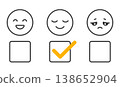 Customer feedback rating interface with outline emoji faces happy neutral sad and checkbox selection highlighting neutral choice simple line style satisfaction scale user experience 138652904