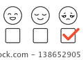 Customer feedback rating interface with outline emoji faces happy neutral sad and checkbox selection highlighting negative choice simple line style satisfaction scale user experience 138652905
