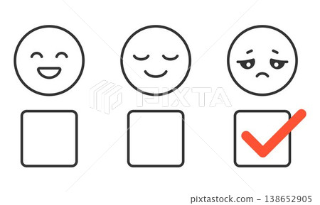 Customer feedback rating interface with outline emoji faces happy neutral sad and checkbox selection highlighting negative choice simple line style satisfaction scale user experience Customer feedback rating interface with outline emoji faces happy neutral sad and checkbox selection highlighting negative choice simple line style satisfaction scale user experience 138652905