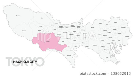 [日本地圖] 東京都八王子市位置圖，標示城市/區名（英文） 138652913