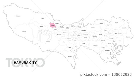 [Map of Japan] Location map of Hamura City, Tokyo, with city/ward names (English) 138652923