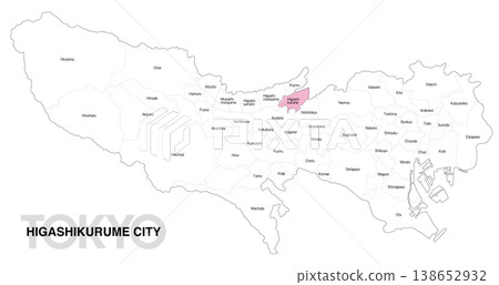 [日本地圖] 東京東久留米市位置圖，標示城市/區名稱。 138652932