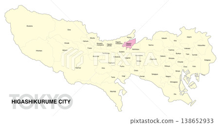 [Map of Japan] Location map of Higashikurume City, Tokyo, with city/ward names (English) 138652933