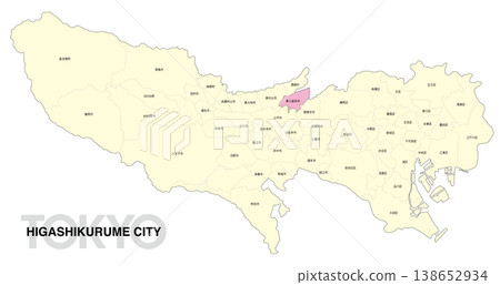 [日本地圖] 東京東久留米市位置圖，標示城市/區名稱。 138652934