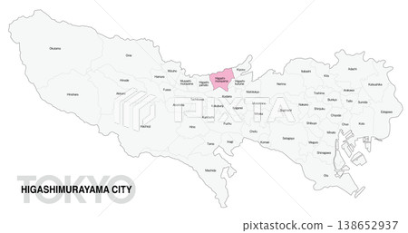 [Map of Japan] Location map of Higashimurayama City, Tokyo, with city/ward names (English) 138652937
