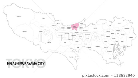 [Map of Japan] Location map of Higashimurayama City, Tokyo, with city/ward names. 138652940