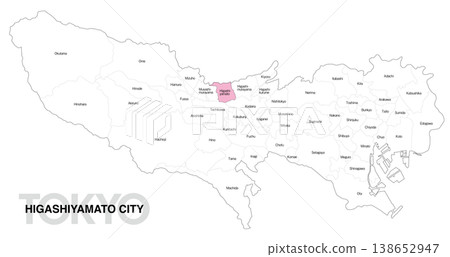 [Map of Japan] Location map of Higashiyamato City, Tokyo, with city/ward names (English) 138652947