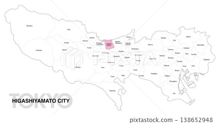 [Map of Japan] Location map of Higashiyamato City, Tokyo, with city/ward names. 138652948