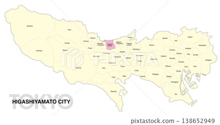 [Map of Japan] Location map of Higashiyamato City, Tokyo, with city/ward names (English) 138652949