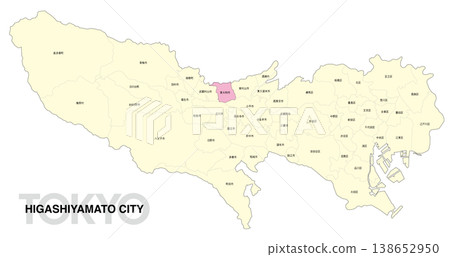 [Map of Japan] Location map of Higashiyamato City, Tokyo, with city/ward names. 138652950