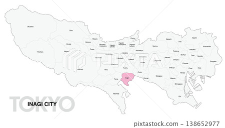 [Map of Japan] Location map of Inagi City, Tokyo, with city/ward names (English) 138652977