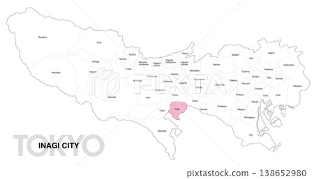 [Map of Japan] Location map of Inagi City, Tokyo, with city/ward names. 138652980