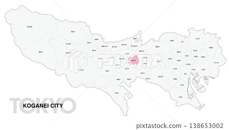 [日本地圖] 東京小金井市位置圖，標示城市/區名稱。 138653002