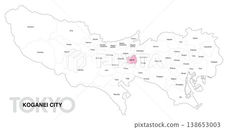 [Map of Japan] Location map of Koganei City, Tokyo, with city/ward names (English) 138653003