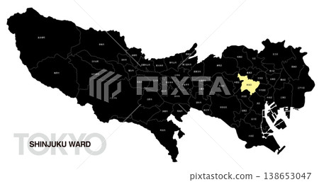 [日本地圖] 東京新宿區位置圖，包括週邊市町村名稱。 138653047
