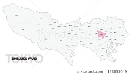 [Map of Japan] Location map of Shinjuku Ward, Tokyo, including the names of the surrounding municipalities. 138653049