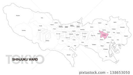 [Map of Japan] Location map of Shinjuku Ward, Tokyo, including the names of the surrounding municipalities (English) 138653050